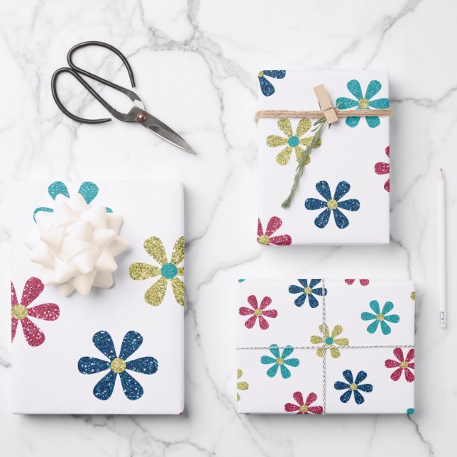 Retro Glam Girly 60s Glitter Flowers Gold Blue Red Wrapping Paper Sheet (Front)