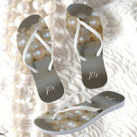 Retro Glam Pearls with Initials Jandals<br><div class="desc">Pearls are classic, but fun too! Wear elegant strands of creamy luminescent pearls poolside, beach or anytime and place in this pair of unique grey flip flops. They are retro glam and chic in shades of cream and grey. Easily personalised with initials, these are ideal for bridesmaids or a bachelorette...</div>