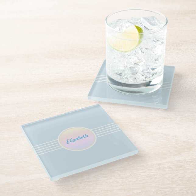 Retro Glam Personalised Ice Blue and Opal Glass Coaster (Angled)