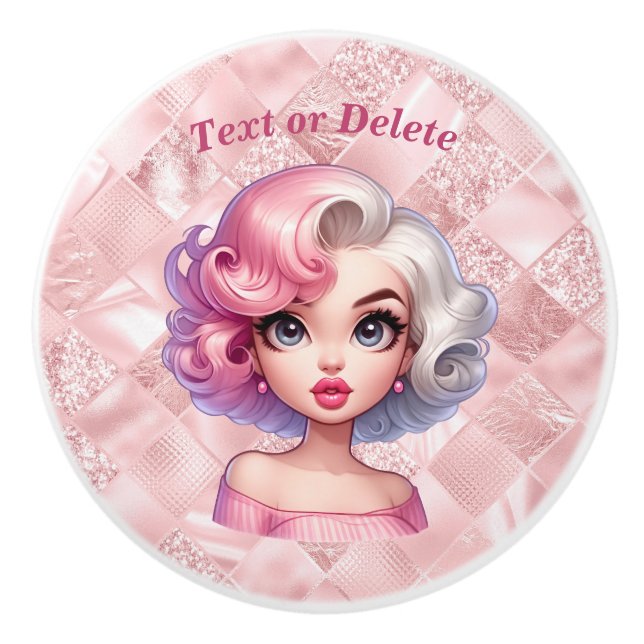 Retro Glamour Girl Animated Cute Cartoon Beauty Ceramic Knob (Front)