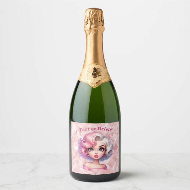 Retro Glamour Girl Animated Cute Cartoon Beauty Sparkling Wine Label (Front)