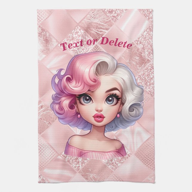 Retro Glamour Girl Animated Cute Cartoon Beauty Tea Towel (Vertical)