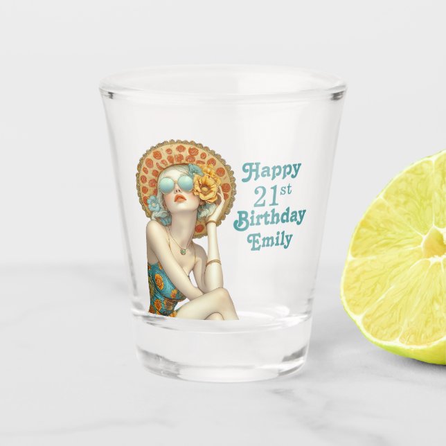 Retro Glamour Girl Stylish 21st Birthday for Her Shot Glass (Front)