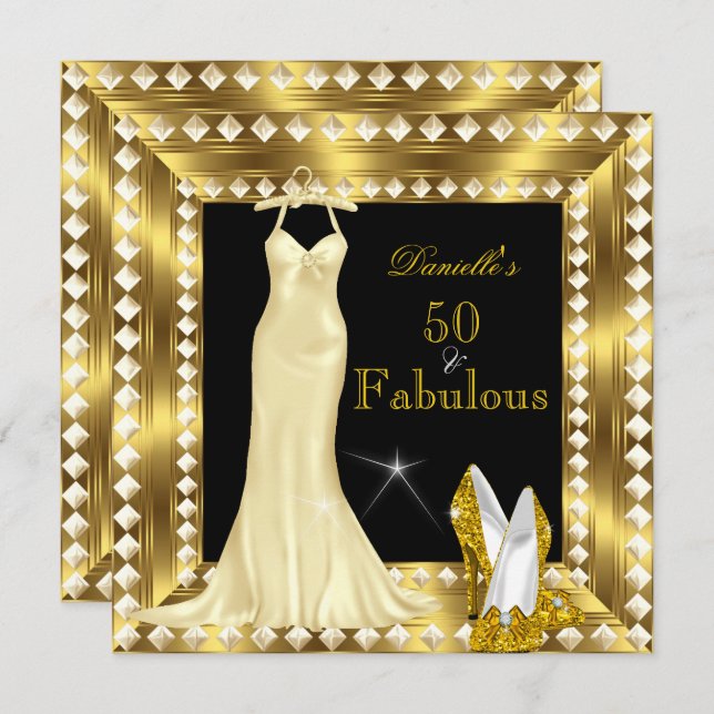 Retro Glamour Hollywood Fabulous 50 Gold Deco 3 Invitation (Front/Back)