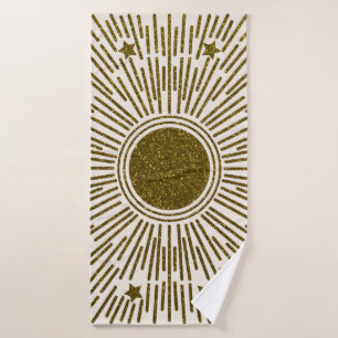 Retro glitter, golden sun with rays bath towel