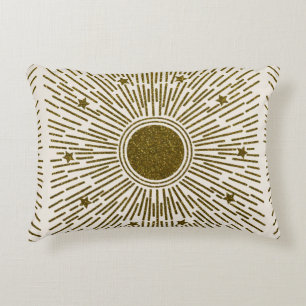 Retro glitter, golden sun with rays decorative cushion