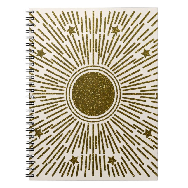 Retro glitter, golden sun with rays notebook (Front)