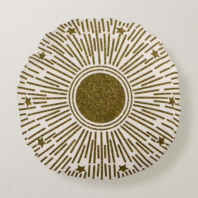 Retro glitter, golden sun with rays round cushion (Front)