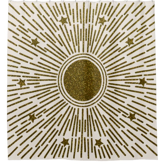 Retro glitter, golden sun with rays shower curtain (Front)