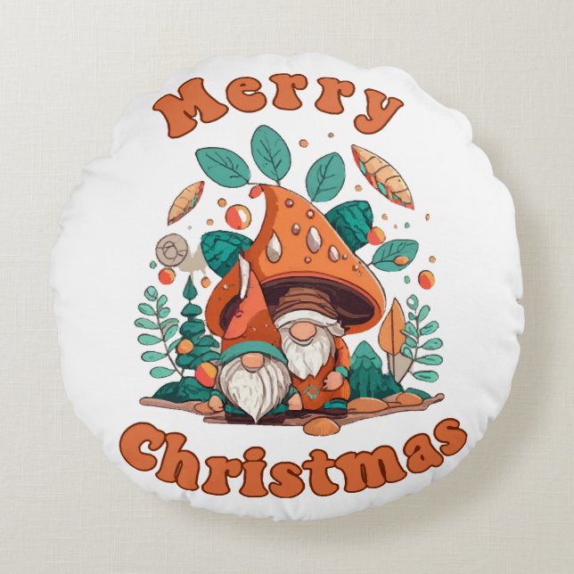 Retro Gnome Christmas Round Cushion (Front)