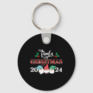 Retro Gnome Family Christmas 2024 Red Plaid Pajama Key Ring