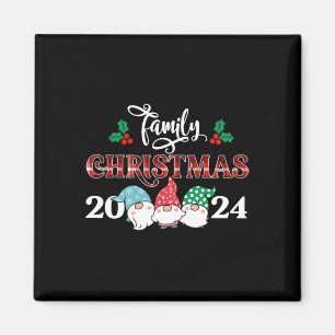 Retro Gnome Family Christmas 2024 Red Plaid Pajama Magnet
