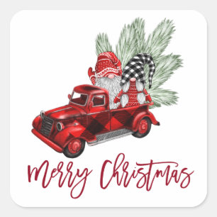 Retro Gnomes Christmas Buffalo Red Truck Holiday Square Sticker