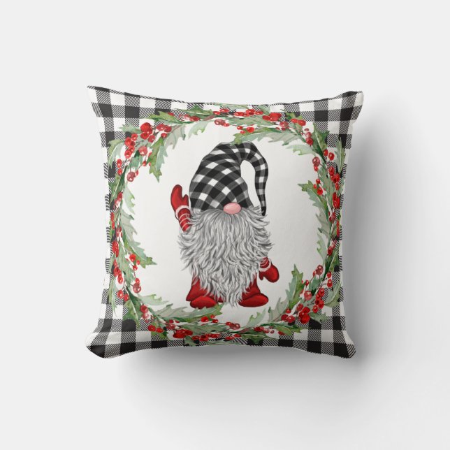 Retro Gnomes Christmas Holly Berry Wreath Holiday Cushion (Front)