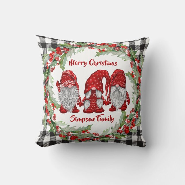 Retro Gnomes Christmas Holly Berry Wreath Holiday Cushion (Front)