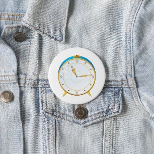Retro Gold Alarm Clock with Blue Trim Timepiece 7.5 Cm Round Badge