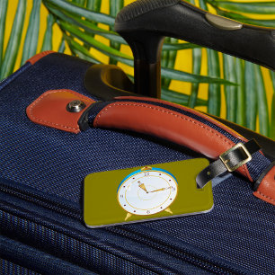 Retro Gold Alarm Clock with Blue Trim Timepiece Luggage Tag