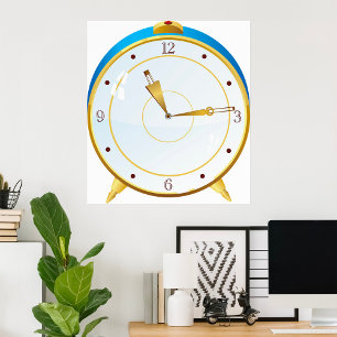 Retro Gold Alarm Clock with Blue Trim Timepiece Poster