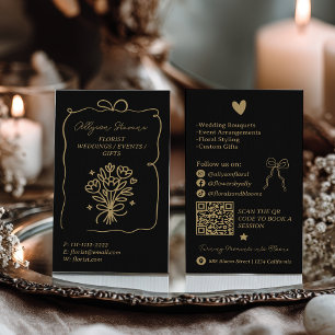 Retro Gold Black Doodles Florist Artist QR Code Business Card