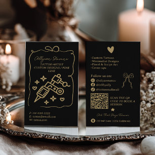 Retro gold black Doodles Tattoo Artist QR Code Business Card
