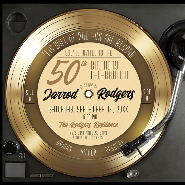 Retro Gold Black Vinyl Record 50th Birthday Party Invitation (round circle shape retro solid gold vinyl record 50th birthday party invitation gold and black theme)