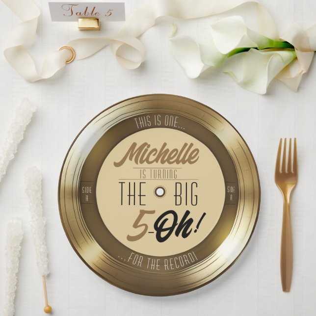 Retro Gold Black Vinyl Record 50th Birthday Party Paper Plate (Wedding)