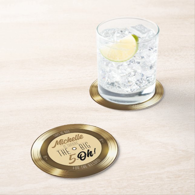 Retro Gold Black Vinyl Record 50th Birthday Party Round Paper Coaster (Insitu)