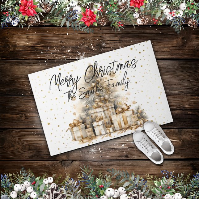 Retro Gold Christmas Tree Family Name Doormat (Creator Uploaded)