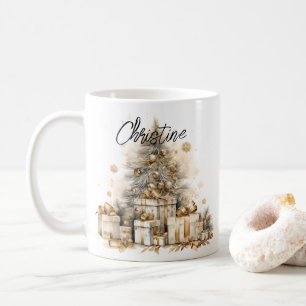 Retro Gold Christmas Tree Name Coffee Mug