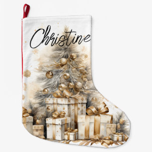 Retro Gold Christmas Tree Name Large Christmas Stocking