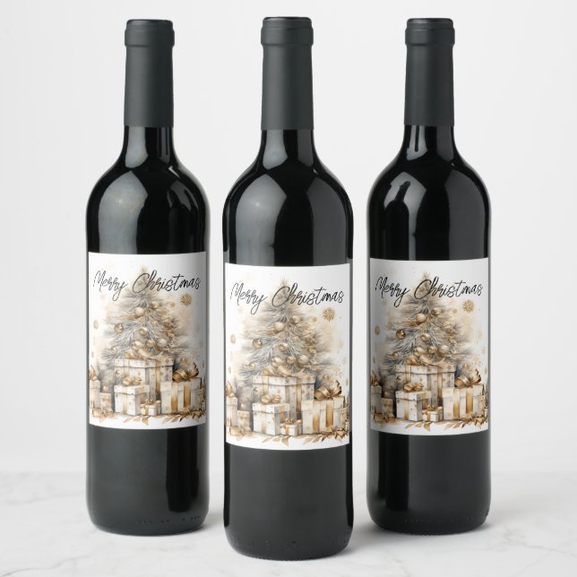 Retro Gold Christmas Tree  Wine Label (Bottles)