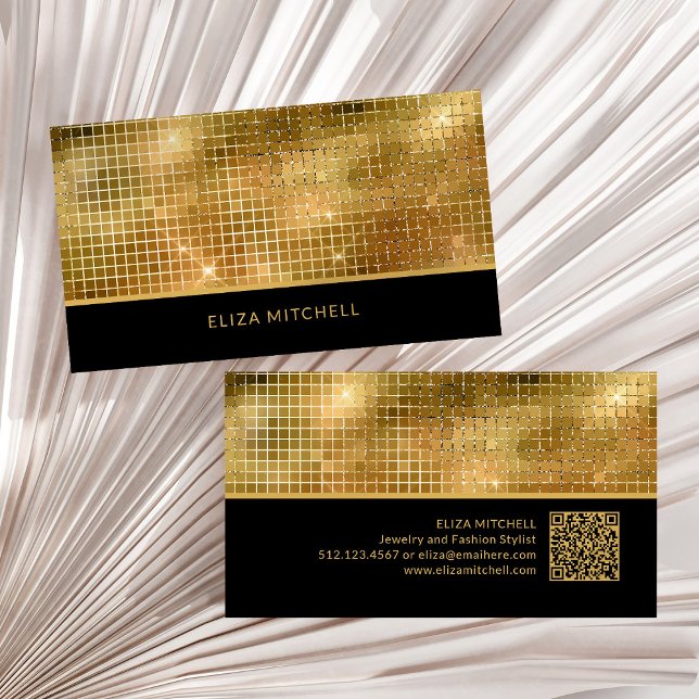 Retro Gold Disco Ball Mirror | QR Code Business Card (A glam, retro and disco-ball inspired black and gold business card, with scannable QR code)