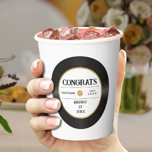 Retro Gold Glitter Vinyl Record Congrats Wedding Paper Cups