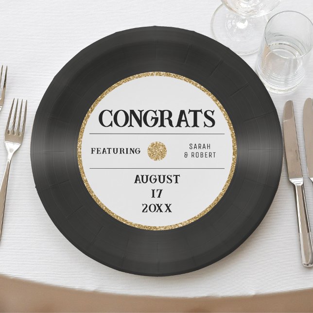 Retro Gold Glitter Vinyl Record Congrats Wedding Paper Plate (Retro Gold Glitter Vinyl Record Congrats Wedding Paper Plates
)