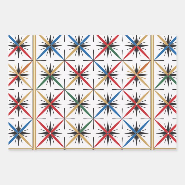 Retro Gold, Green and Red Christmas Wrapping Paper Sheet (Front)