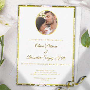 Retro Gold Green Damask 1 Photo Wedding Invitation