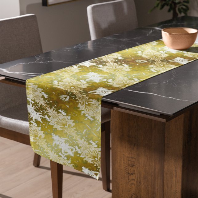 Retro Gold Green Damask Pattern Medium Table Runner (Creator Uploaded)