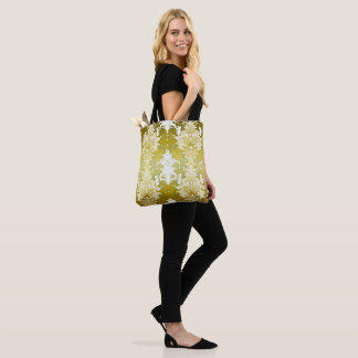 Retro Gold Green Damask Pattern Tote Bag