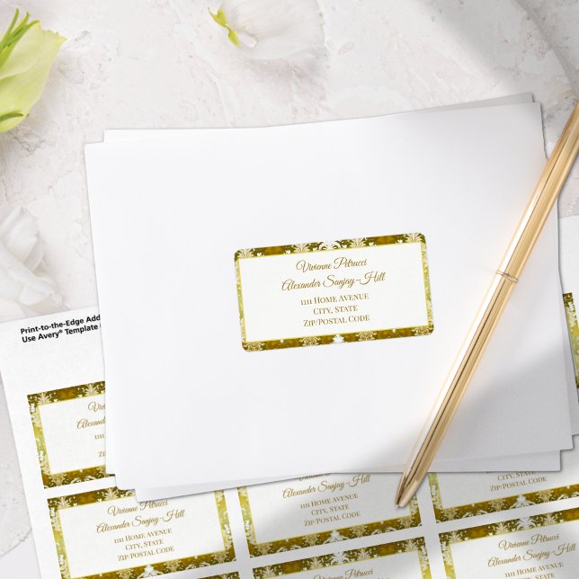 Retro Gold Green Damask Wedding Address Label (Creator Uploaded)