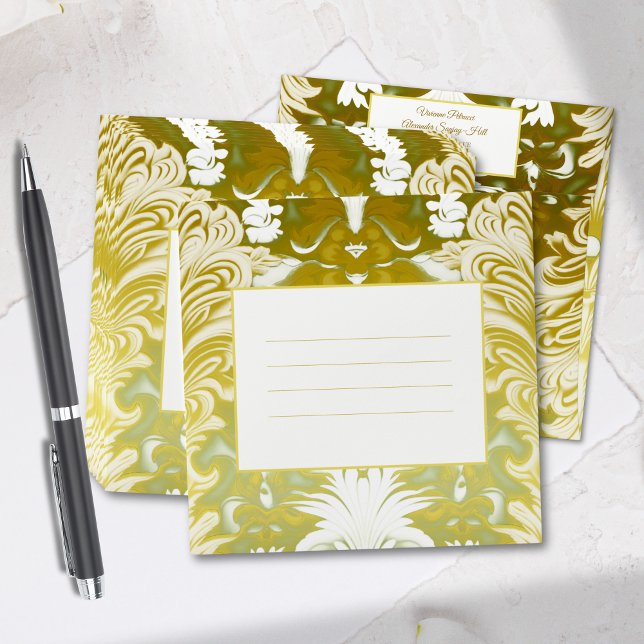 Retro Gold Green Damask Wedding Custom Envelope (Creator Uploaded)