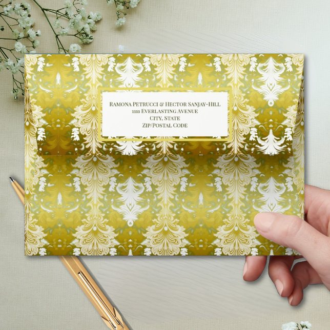 Retro Gold Green Damask Wedding Envelope (Creator Uploaded)