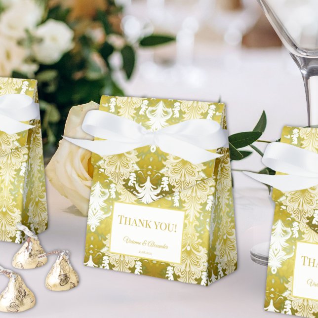 Retro Gold Green Damask Wedding Favour Box (Creator Uploaded)