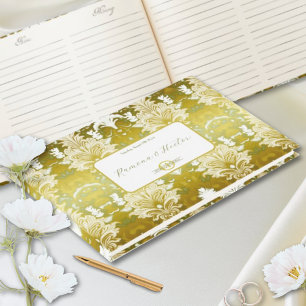 Retro Gold Green Damask Wedding Guest Book