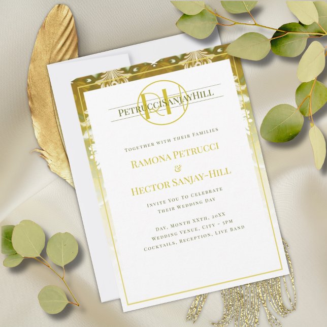 Retro Gold Green Damask Wedding Invitation (Creator Uploaded)