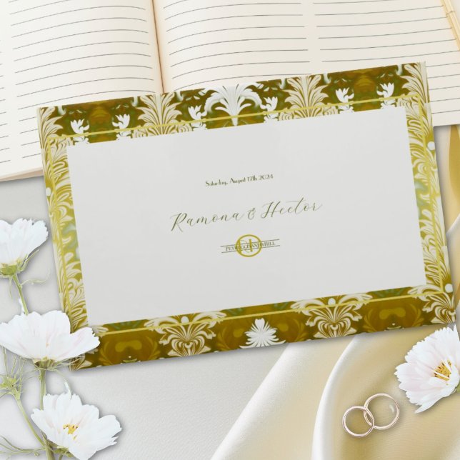 Retro Gold Green Damask Wedding Monogram Guest Book (Creator Uploaded)
