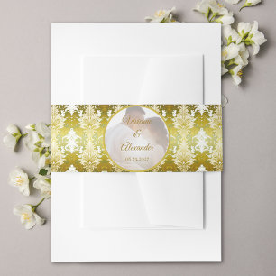 Retro Gold Green Damask Wedding Photo Invitation Belly Band