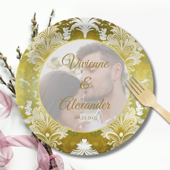 Retro Gold Green Damask Wedding Photo Paper Plate (Creator Uploaded)