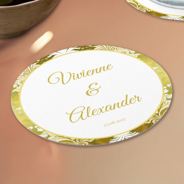Retro Gold Green Damask Wedding Round Paper Coaster (Creator Uploaded)