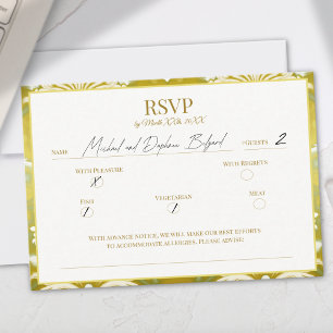 Retro Gold Green Damask Wedding RSVP Card