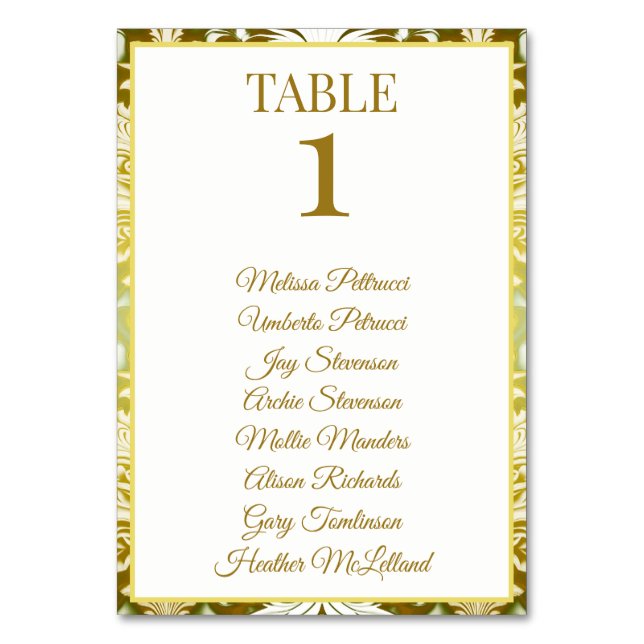 Retro Gold Green Damask Wedding Table Number (Front)